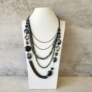 Multistrand Gunmetal Chain AB Faceted Bead Statement Necklace